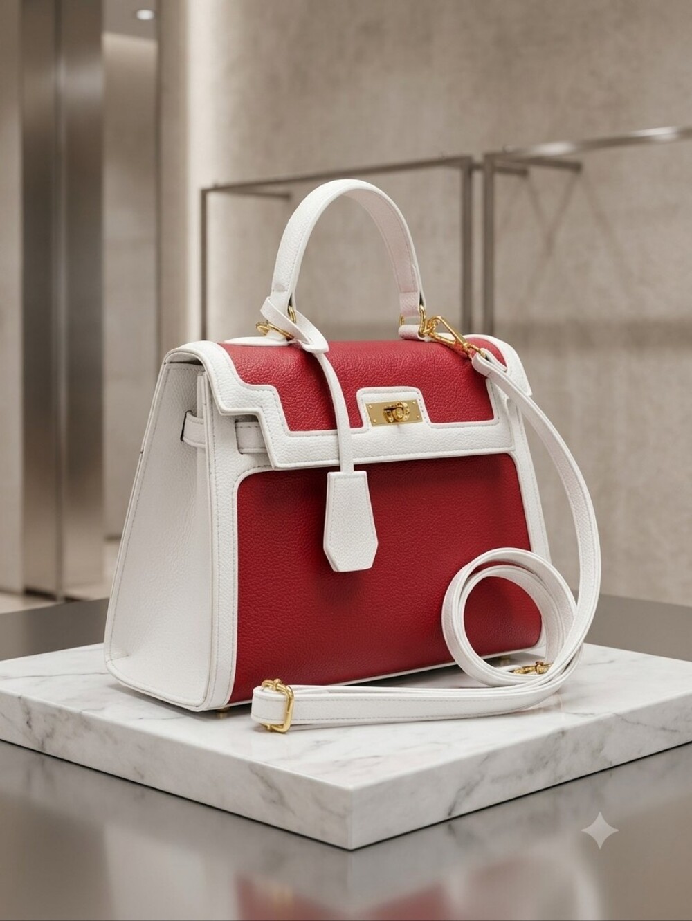 LMD/9000 Women’s Top-Handle White and Red Leather Bag with Gold Hardware